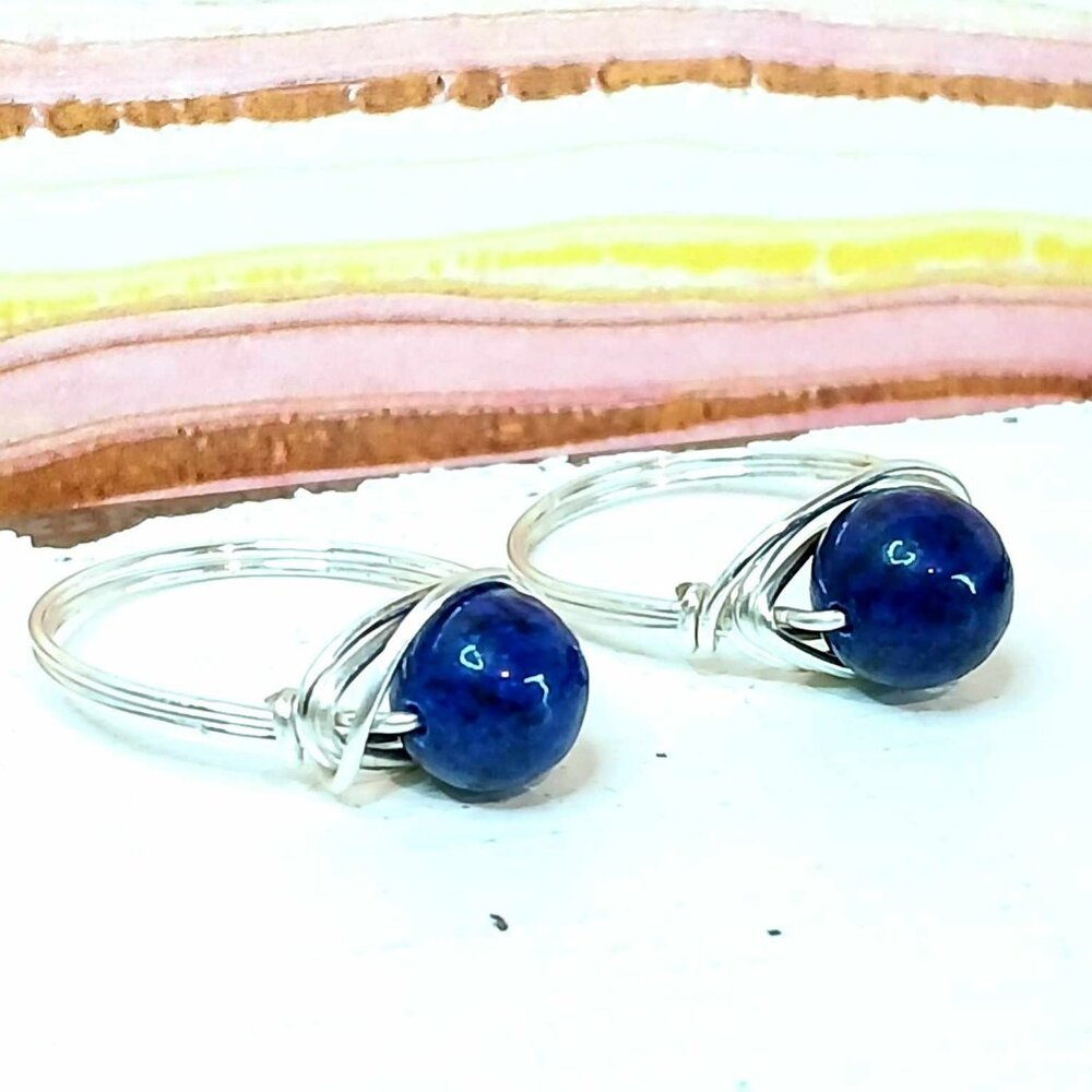Lapis Lazuli Gemstone Beaded Wire Ring, Crystal Dainty Chic Cute Silver
